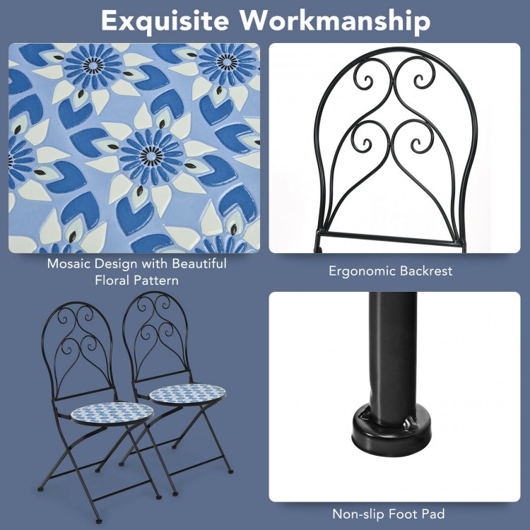 Folding bistro chair set featuring blue floral mosaic design, sturdy steel frame, and non-slip foot pads for outdoor.