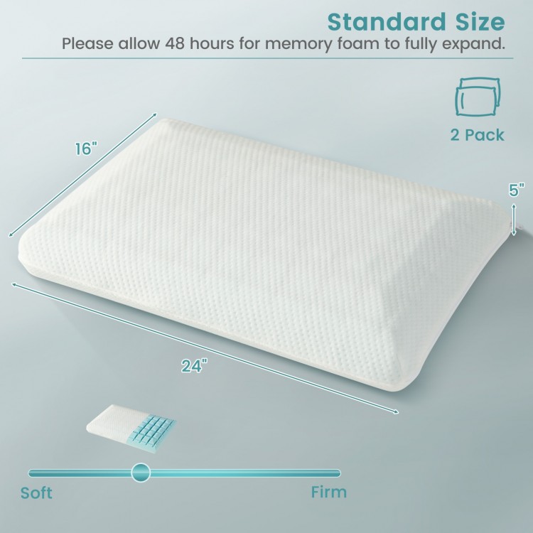 Gel memory foam pillow measuring 16"x24" with medium firm support, designed for cooling comfort during sleep.