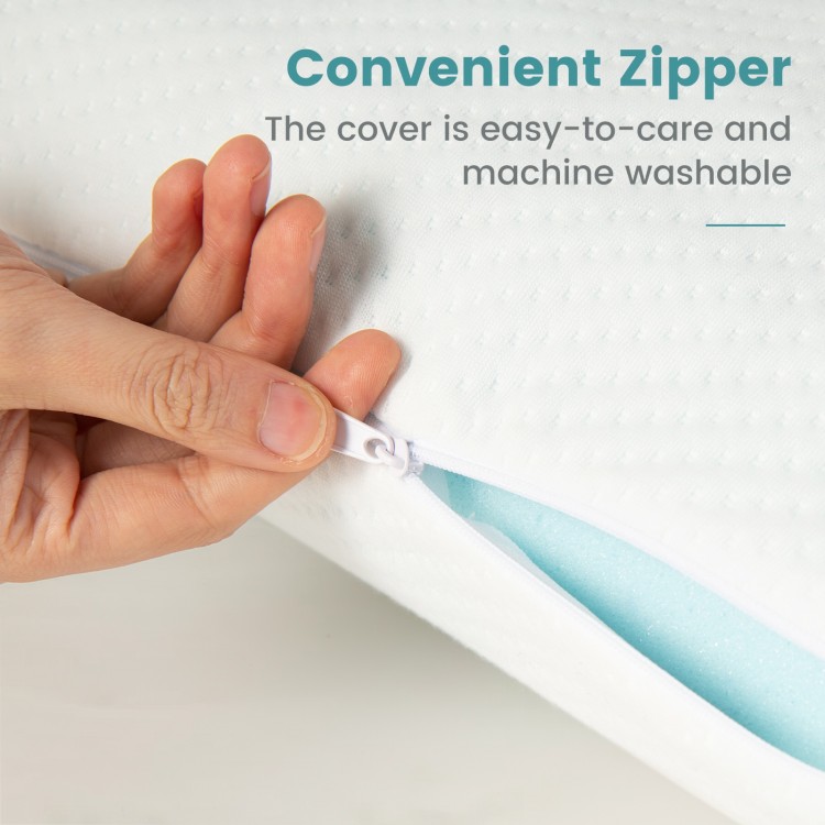 Close-up of the gel memory foam pillow cover with a convenient zipper, featuring a breathable and machine-washable.