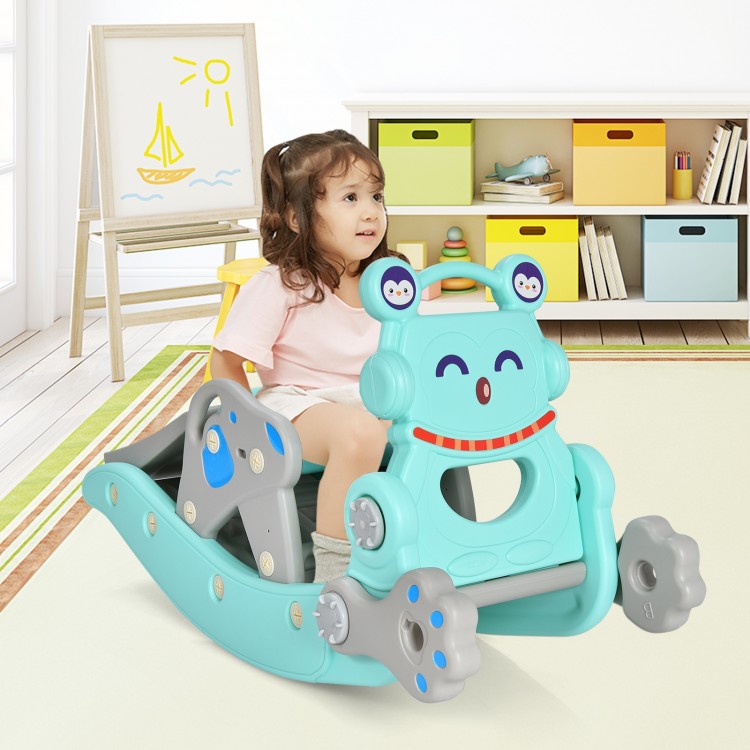Kids' 4-in-1 rocking horse and slide set in blue, featuring a detachable seat for fun sliding and swinging activities.