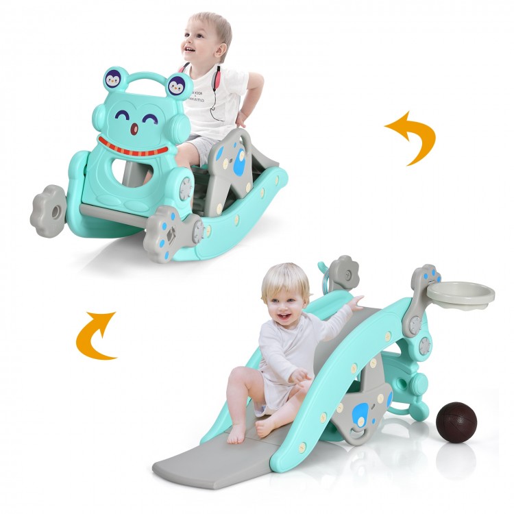 4-in-1 rocking horse and slide set in blue, featuring a detachable seat and ergonomic design for safe play.