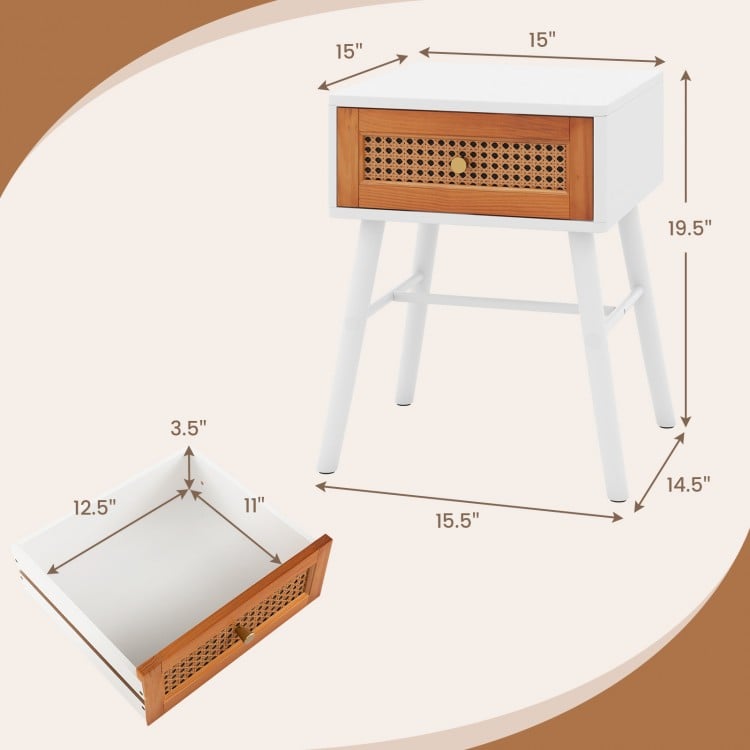 Mid-century modern rattan nightstand with a white finish, featuring a spacious drawer and solid wood legs for stability.