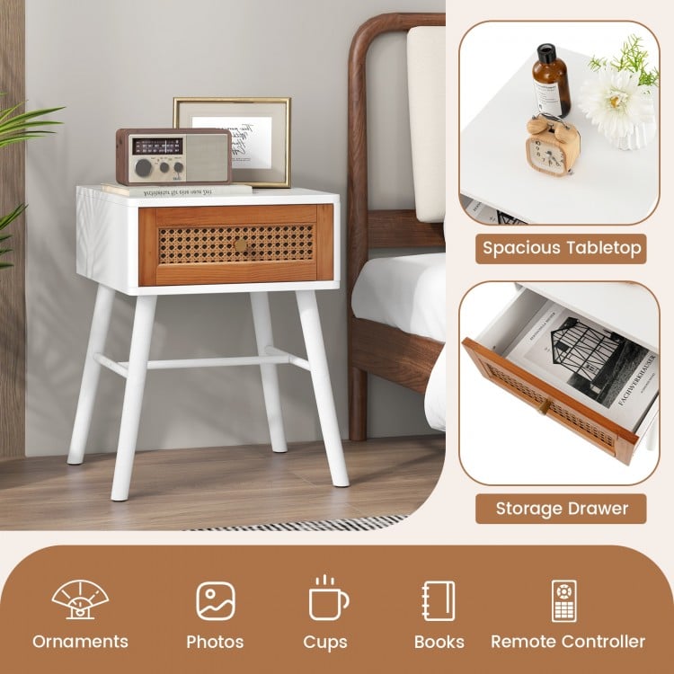 Rattan nightstand with spacious tabletop and pull-out drawer, featuring solid wood legs for modern bedroom decor.