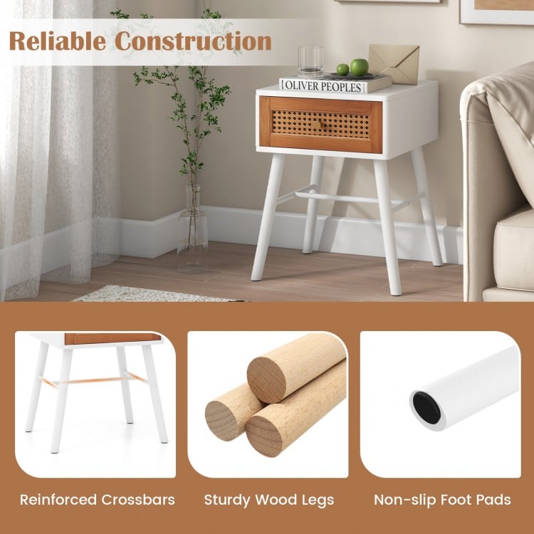 Rattan nightstand with a spacious tabletop and pull-out drawer, featuring solid wood legs and non-slip foot pads.