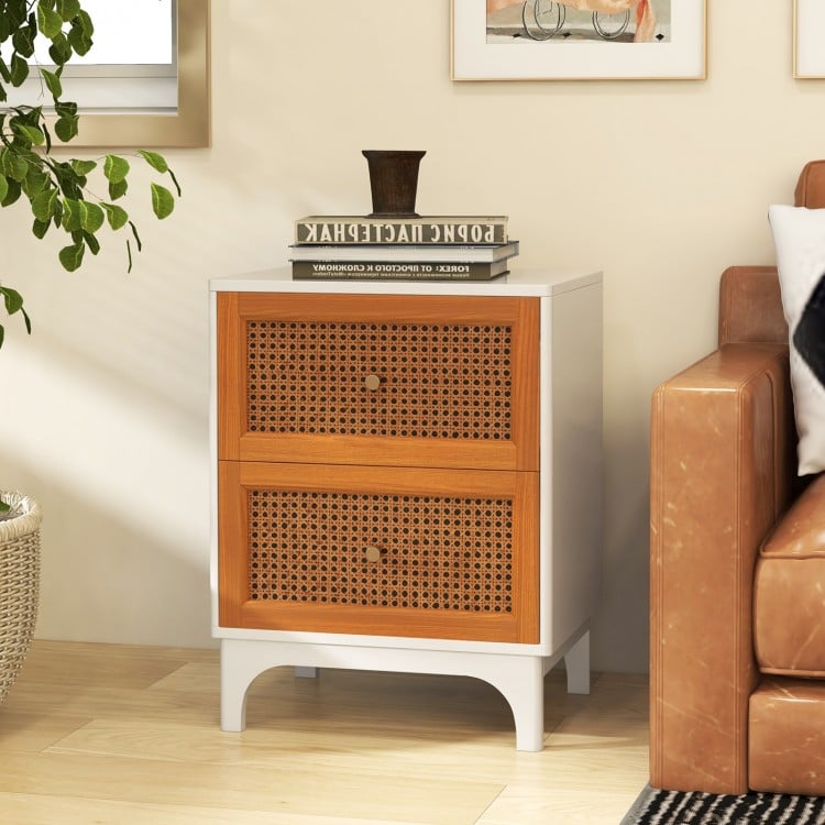 Boho accent table nightstand with two handwoven rattan drawers, solid wood legs, and a sleek white finish for stylish.