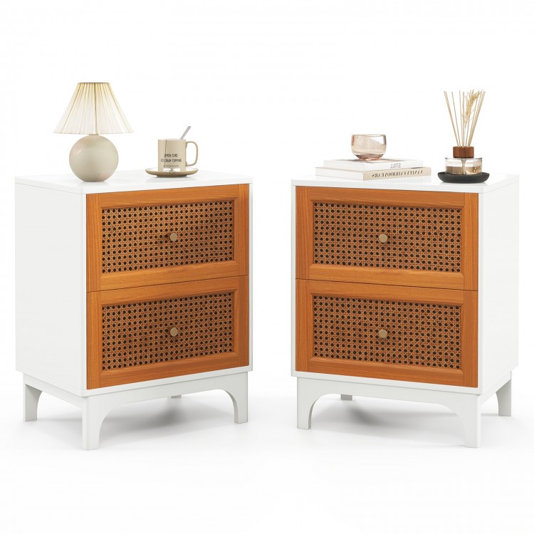 Boho accent table nightstand with handwoven rattan drawers, solid wood legs, and spacious tabletop for decor.