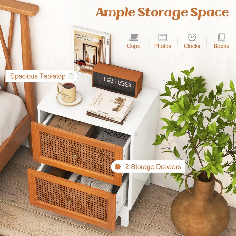 Boho accent table nightstand with spacious tabletop and two handwoven rattan drawers for stylish storage.
