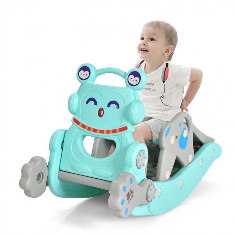 4-in-1 rocking horse and slide set in blue, featuring a detachable seat and ergonomic design for kids' fun and safety.