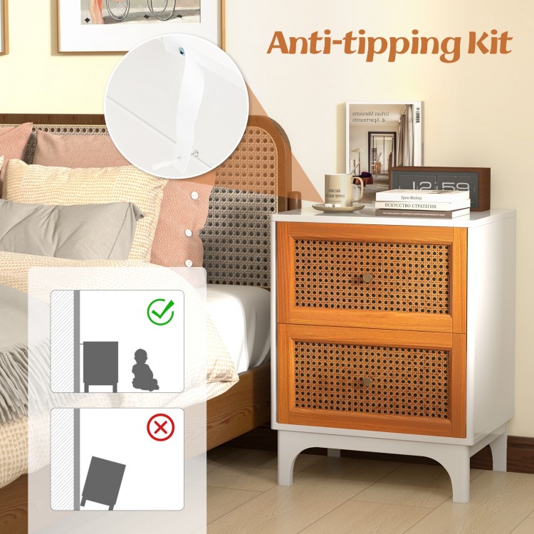 Boho accent table nightstand with two handwoven rattan drawers, featuring solid wood legs and a spacious tabletop for.