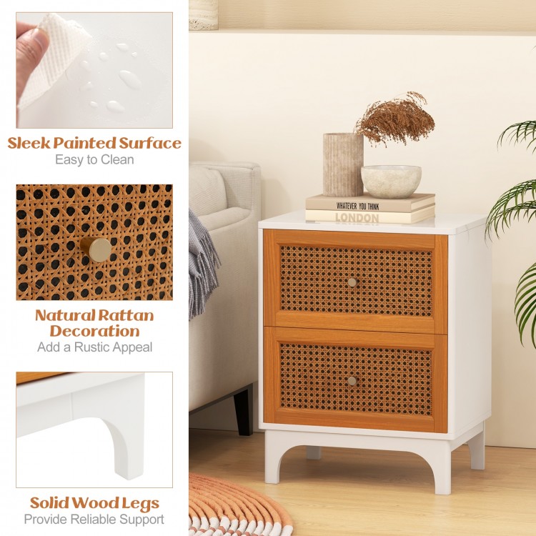 Boho accent table nightstand with two handwoven rattan drawers and solid wood legs, perfect for stylish storage.