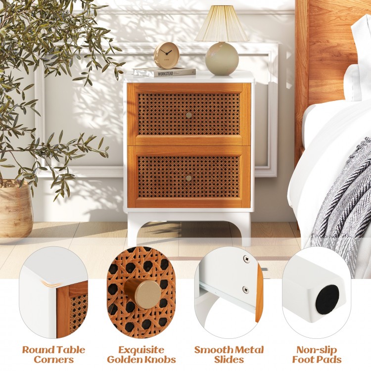 Boho accent table nightstand with handwoven rattan drawers, golden knobs, and round corners for stylish bedroom storage.
