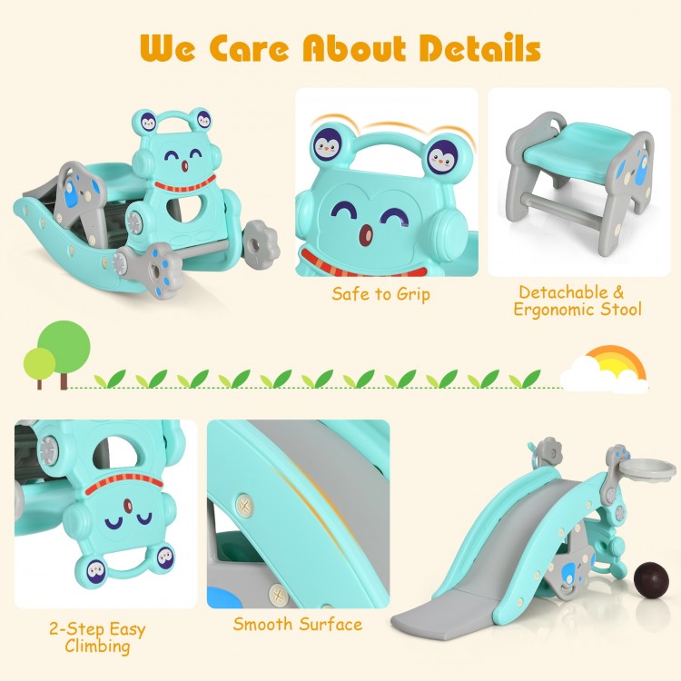 4-in-1 blue rocking horse and slide set for kids, featuring a detachable stool and safe, smooth surfaces for play.