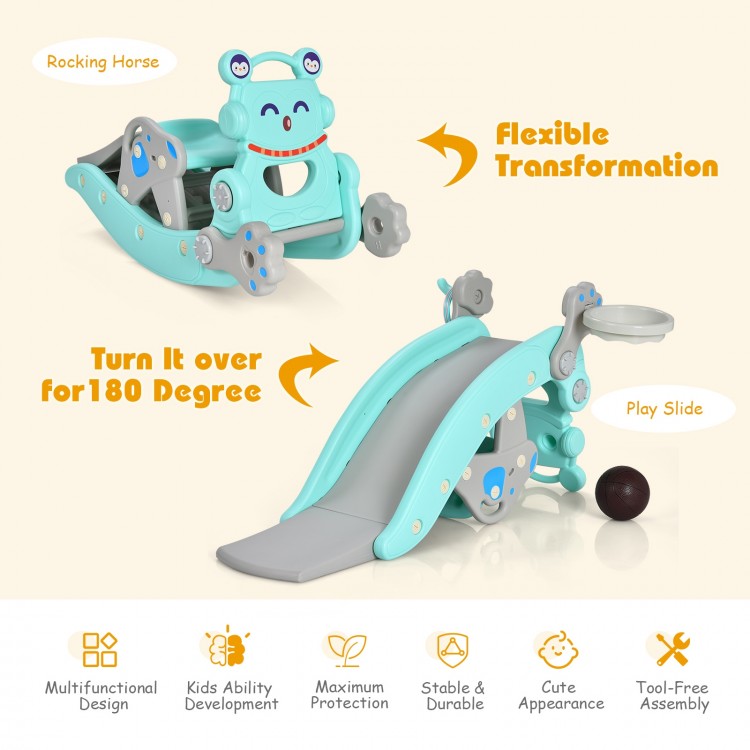 4-in-1 rocking horse and slide set in blue, featuring a smooth slide and stable design for kids' fun and safety.