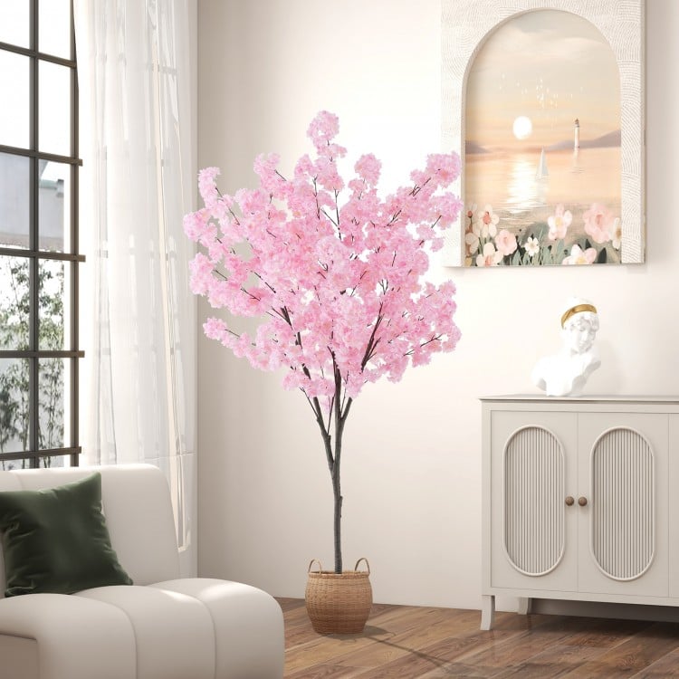 6.5 FT tall artificial cherry blossom tree with 900 pink flowers, perfect for indoor decoration and maintenance-free.