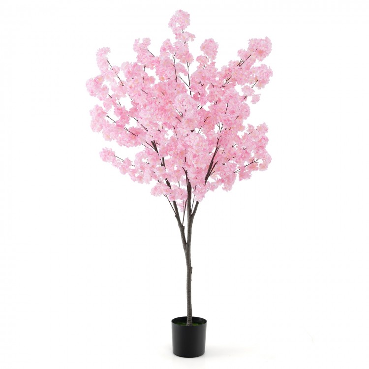 6.5 FT tall artificial cherry blossom tree with 900 pink flowers in a cement pot, perfect for indoor decoration.