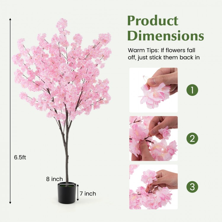 6.5 FT tall artificial cherry blossom tree with 900 pink flowers, ideal for indoor decoration and maintenance-free.