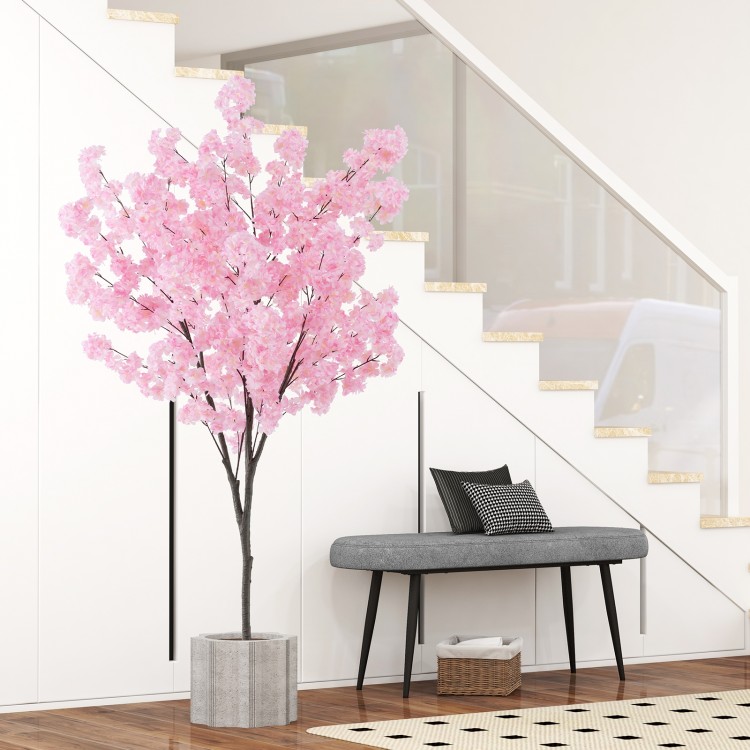 6.5 FT tall artificial cherry blossom tree with 900 pink flowers, featuring flexible branches for easy customization in.