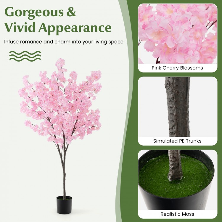 6.5 FT tall artificial cherry blossom tree with 900 pink flowers, featuring realistic moss and sturdy trunk for indoor.