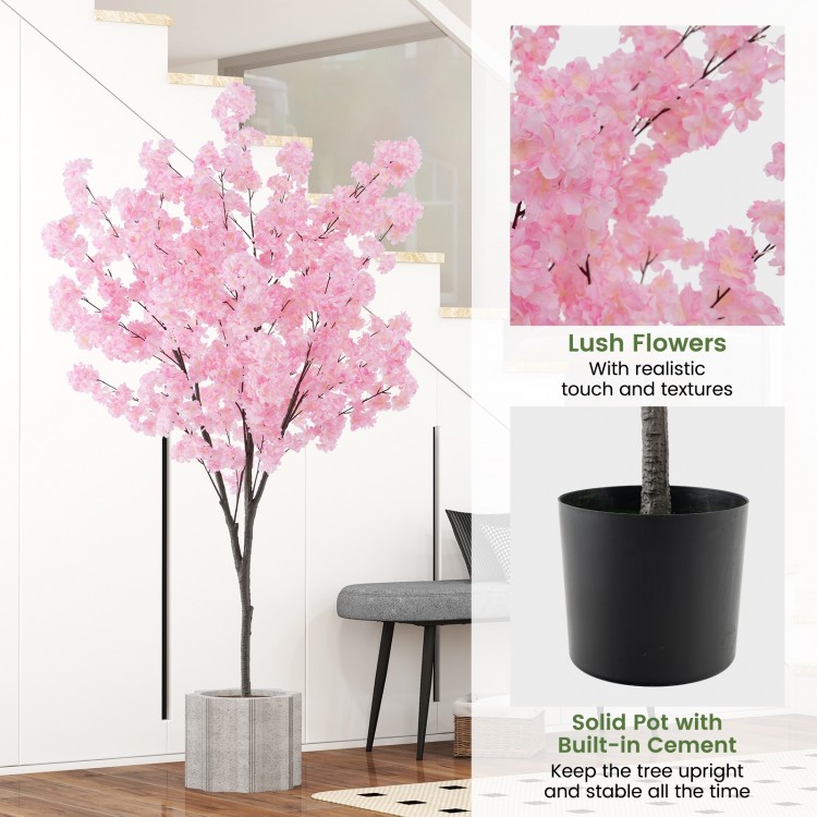 6.5 FT tall artificial cherry blossom tree with 900 pink flowers in a solid cement pot, perfect for indoor decoration.
