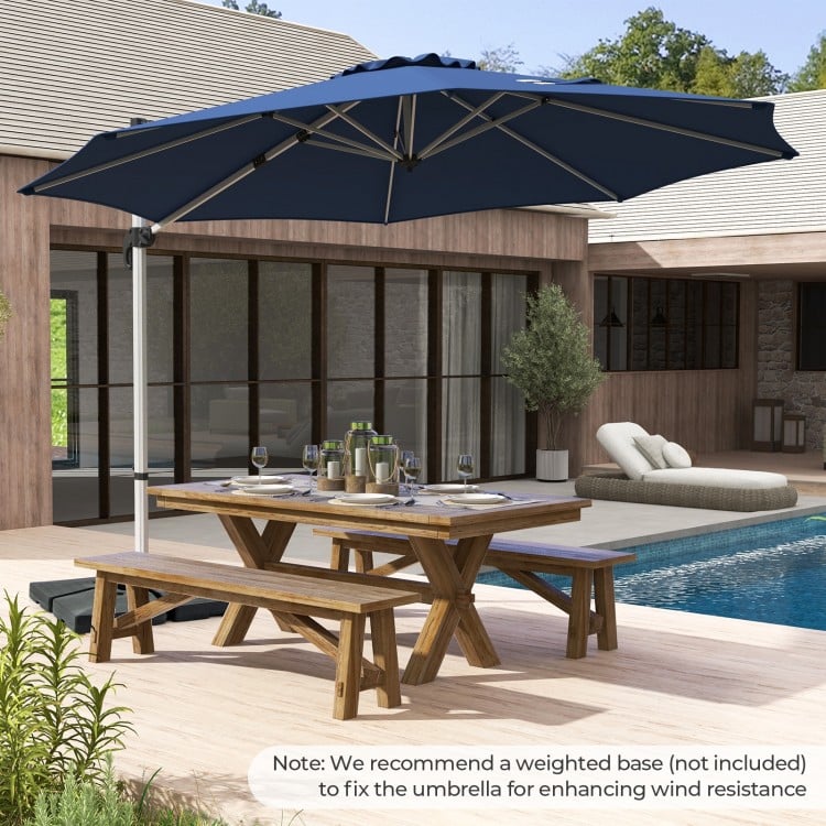 Navy 11 ft outdoor patio umbrella with 360° rotation and adjustable tilt, ideal for sun protection by the pool.