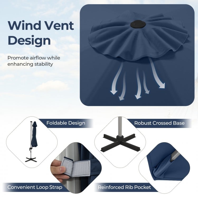 Top view of the 11 FT navy outdoor patio umbrella showcasing the wind vent design for enhanced stability and airflow.