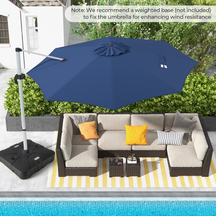 Navy 11 ft outdoor patio umbrella with 360° rotation and adjustable tilt, perfect for sun protection by the poolside.