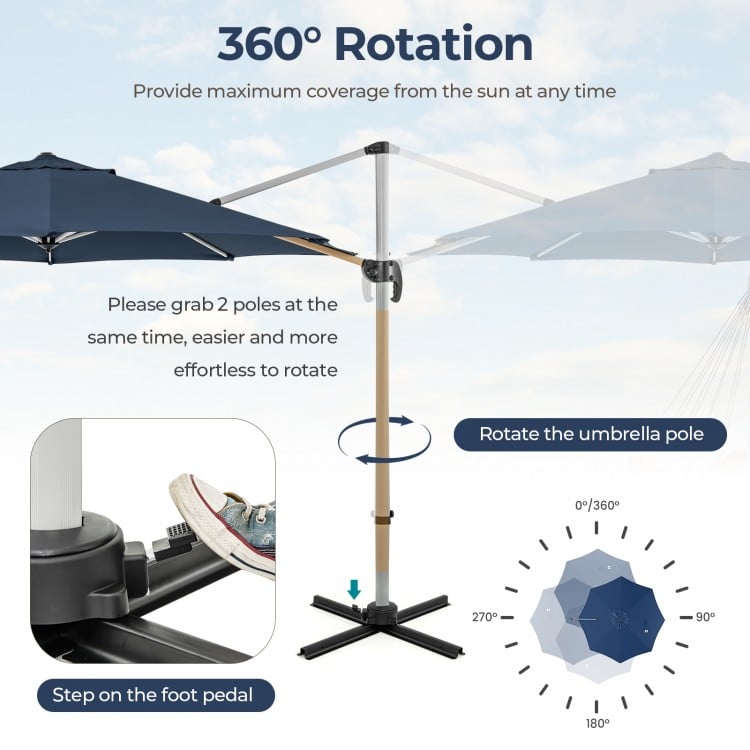 11 ft outdoor patio umbrella in navy with 360° rotation, adjustable tilt, and UPF50+ sun protection for versatile.