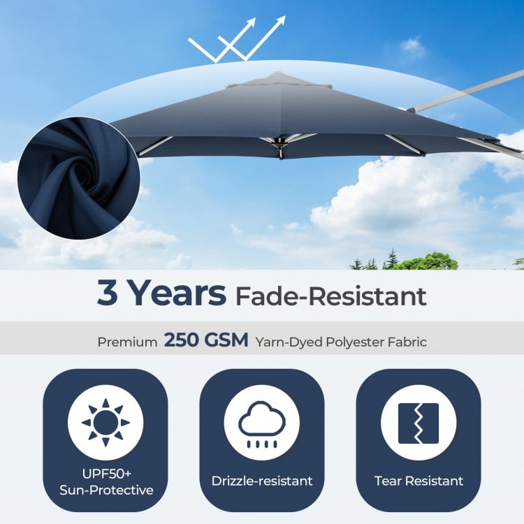 11 FT navy outdoor patio umbrella with 360° rotation, adjustable tilt, and UPF50+ sun protection for versatile shade.