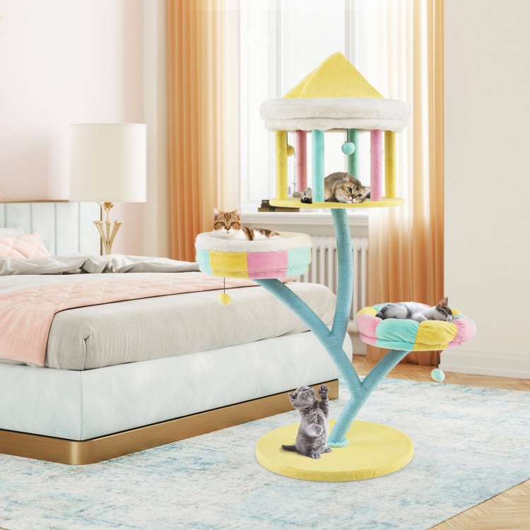 Multi-layer cat tree with colorful design, featuring removable perches, scratching posts, and interactive toys for play.