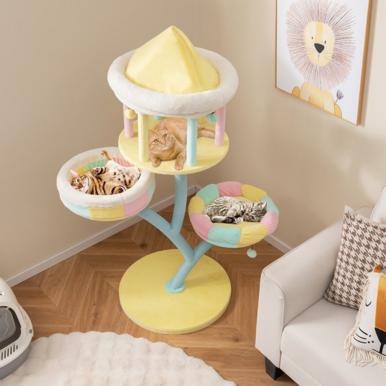 Multi-layer cat tree with two removable perches, scratching posts, and interactive balls for playful lounging.