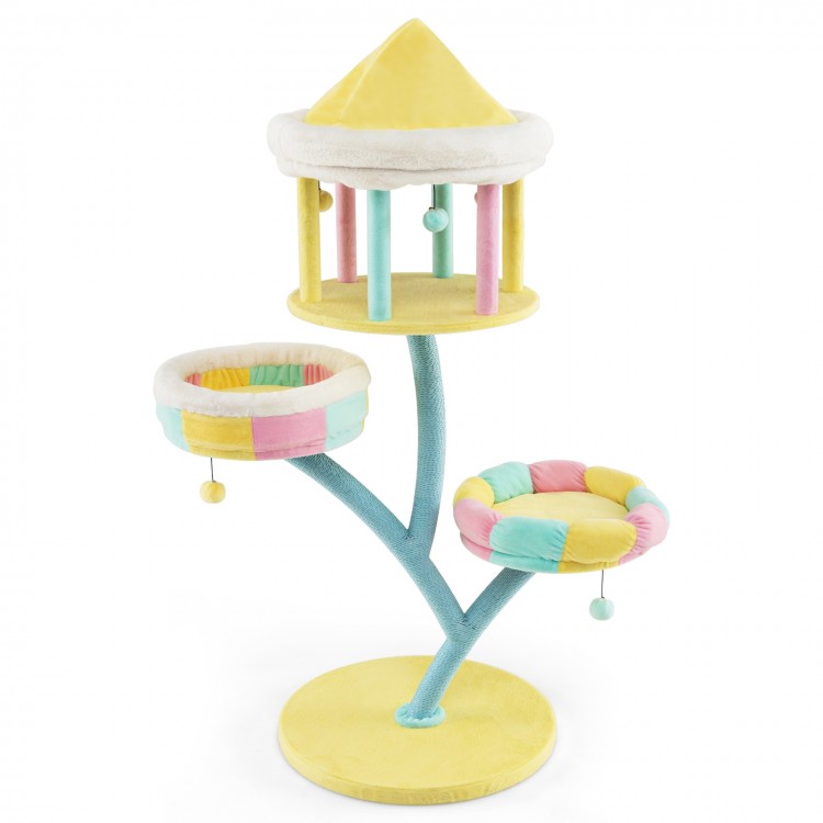 Multi-layer cat tree with colorful removable perches, scratching posts, and interactive dangling balls for playful cats.