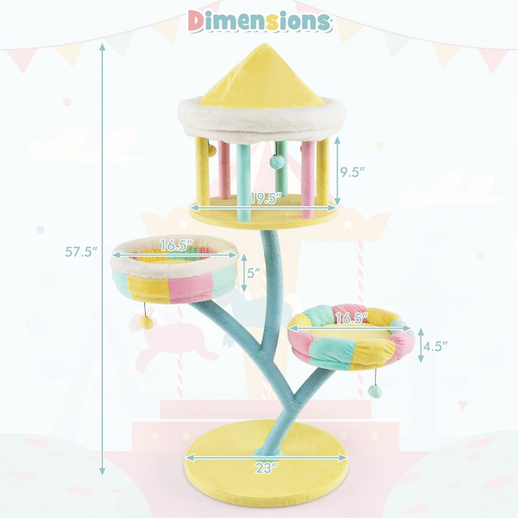 Multi-layer cat tree with removable perches, scratching posts, and colorful design for playful and cozy cat lounging.