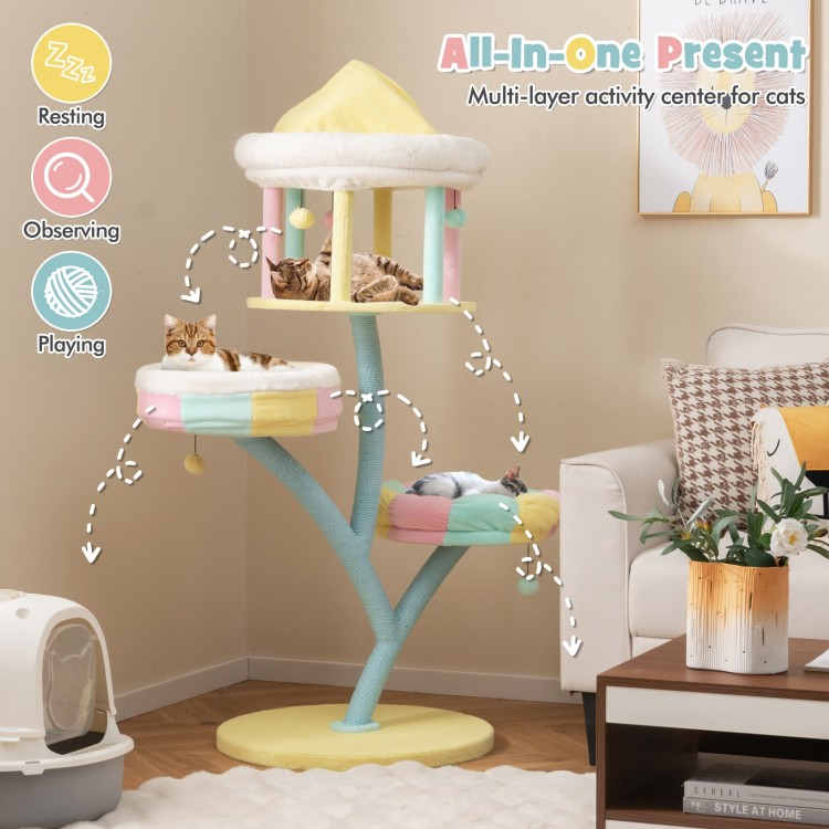 Multi-layer cat tree with removable perches, scratching posts, and interactive toys for resting and playing.