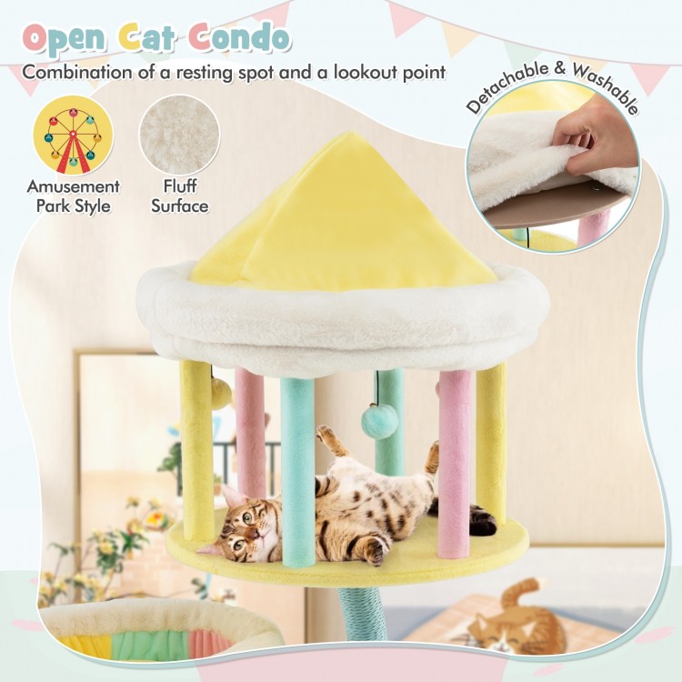 Open cat condo with removable perches, scratching posts, and interactive balls for fun and relaxation in amusement park.