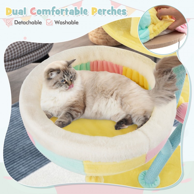 Curved scratching post with a removable, washable perch in pastel colors, perfect for cats to rest and play.