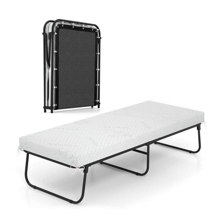 Folding bed with memory foam mattress, 75 x 31 inches, featuring a sturdy metal frame for guest room or camping use.