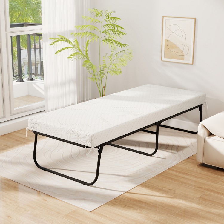 Folding bed with memory foam mattress, 75 x 31 inches, ideal for guest rooms and camping, featuring a sturdy metal.