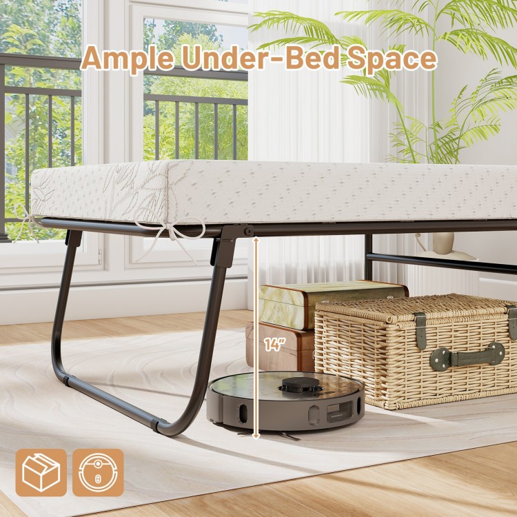 Folding bed frame with 14" under-bed space, featuring a comfortable memory foam mattress for versatile use.