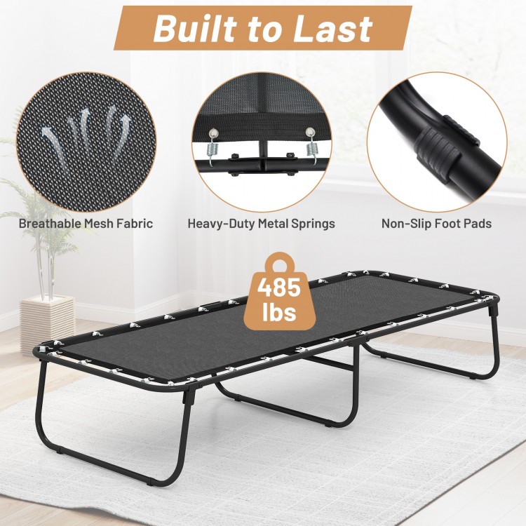 Folding bed with memory foam mattress, breathable fabric, and heavy-duty metal springs, supports up to 485 lbs.