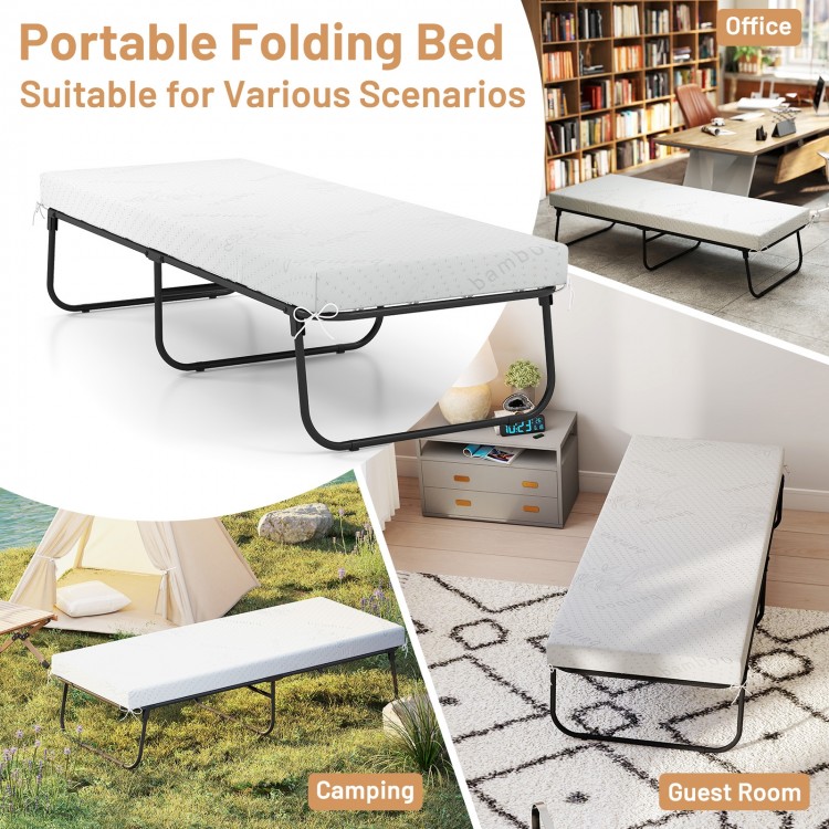 Folding bed with memory foam mattress, 75 x 31 inches, ideal for guest room, office, or camping use.