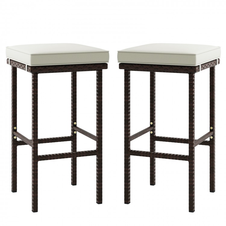 Patio Wicker Bar Stools Set of 2 with Seat Cushions and Footrest - Gallery View 1 of 9