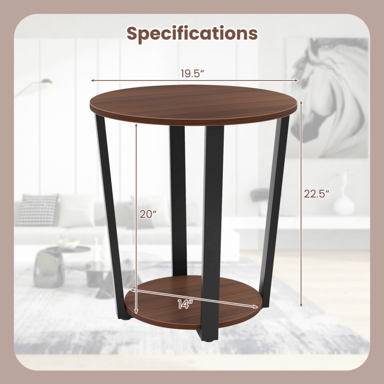 Round end table with walnut finish, metal frame, and open shelf, ideal for lamps and books in an industrial design.