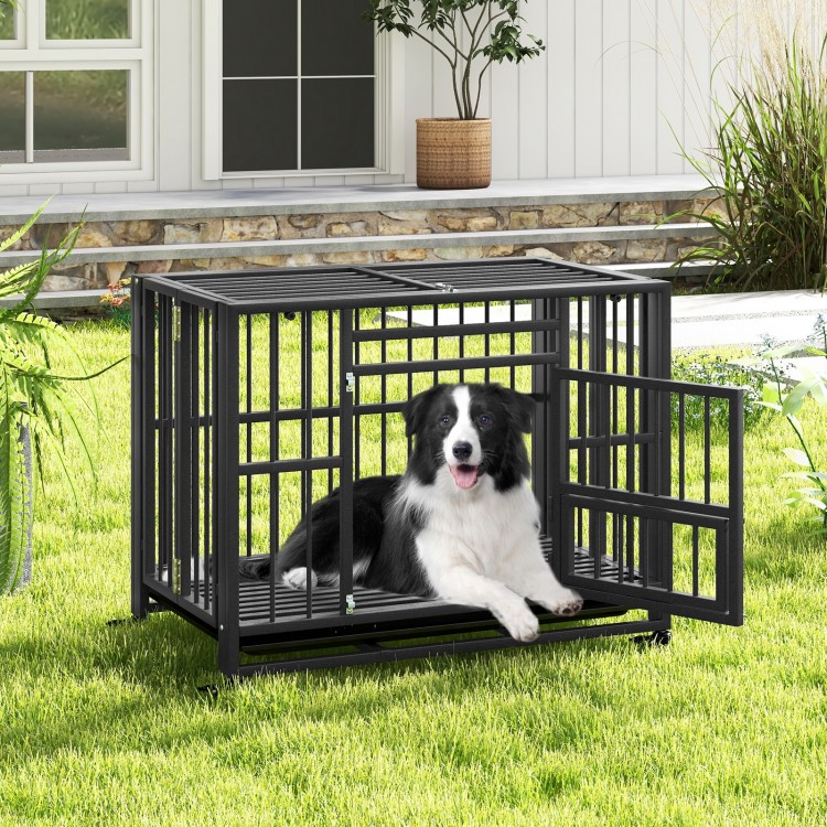 Foldable heavy-duty metal dog cage with lockable doors and wheels, featuring a spacious interior for medium and small.