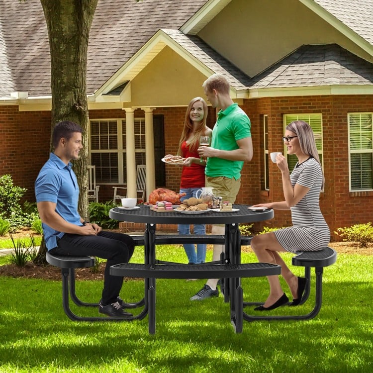 Outdoor round picnic table and bench set for 8, featuring thermoplastic coated metal mesh and umbrella hole, ideal for.