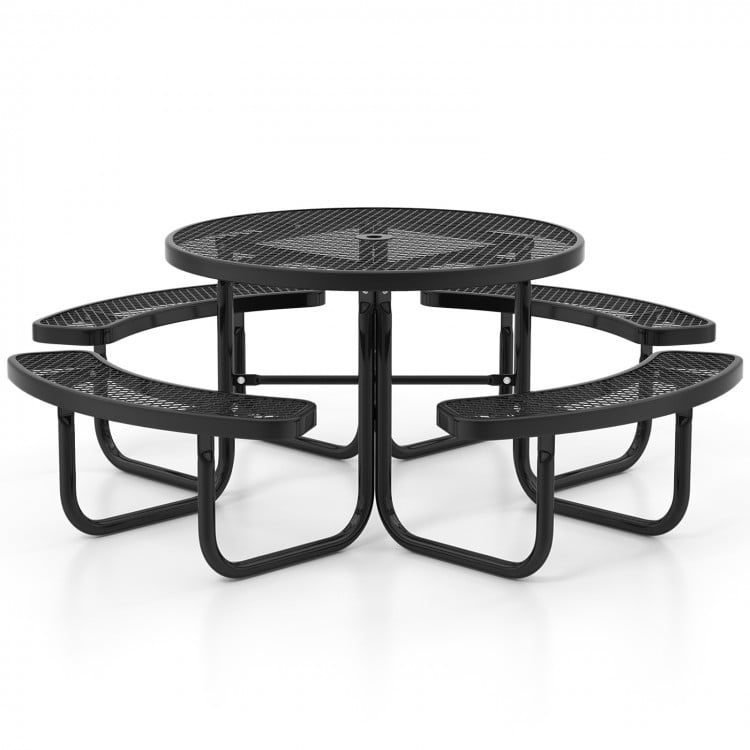 Round black picnic table with 4 benches, thermoplastic coated, for 8 people, featuring an umbrella hole, ideal for.