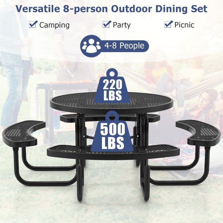 Round black outdoor picnic table and bench set for 8, featuring an umbrella hole and rustproof metal mesh for.