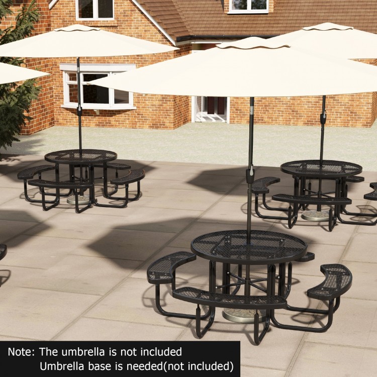 Outdoor round picnic table and bench set in black for 8, featuring an umbrella hole, ideal for poolside or courtyard.
