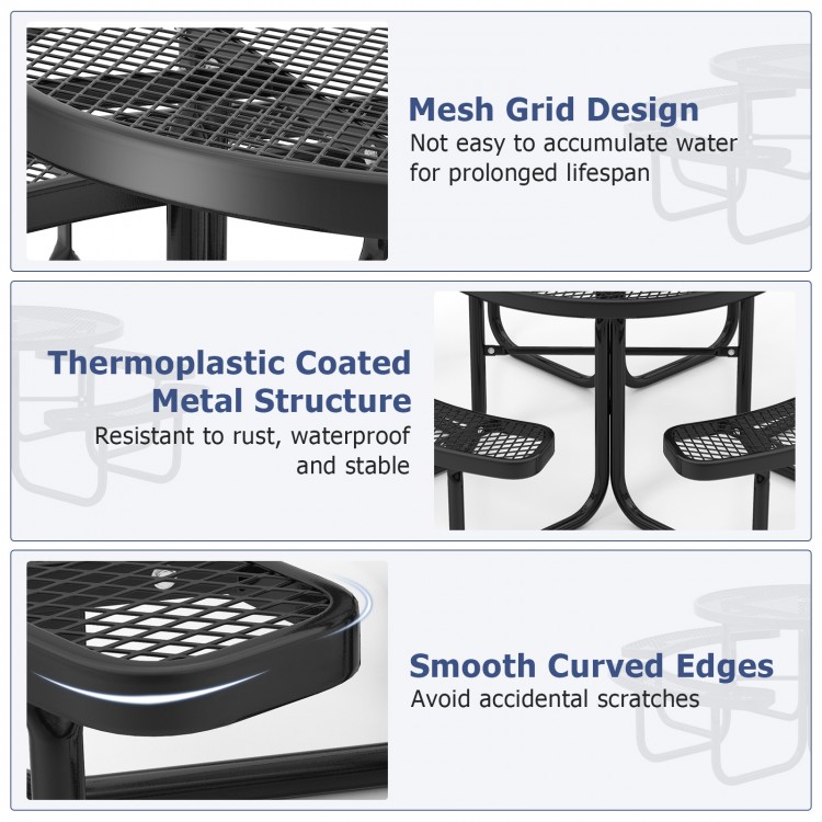 Outdoor round picnic table set with thermoplastic coated metal, mesh grid design, and smooth curved edges for safety.