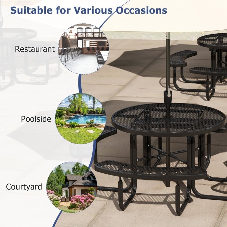 Outdoor round picnic table and bench set for 8, black, with umbrella hole, ideal for poolside and courtyard use.