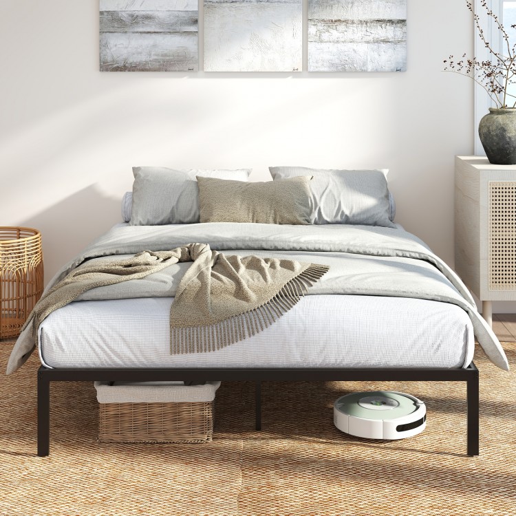 Queen size metal bed frame with heavy-duty support slats, minimalist design, and ample under-bed storage space.